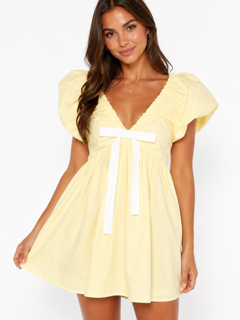 Endless Rose Yellow Puff Sleeve Mini Dress Size Small Bow Front Babydoll Dress